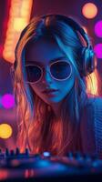 DJ wearing sunglasses with vibrant lights in a club setting during a nightlife event photo