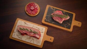 Artisan Cuts of Meat Beautifully Arranged on Rustic Wooden Boards for Culinary Delight video