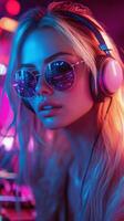 DJ wearing sunglasses with vibrant lights in a club setting during a nightlife event photo
