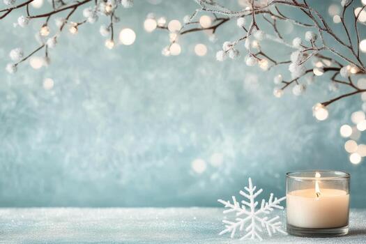 Winter decoration with frosty branches and glowing candle on a blue background photo