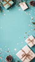 Colorful festive presents arranged on a bright blue background with decorative elements photo