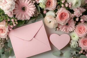 Beautiful arrangement of pink flowers with heart shaped box and envelope for special occasions photo