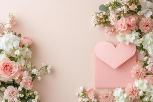 Beautiful arrangement of pink flowers with heart shaped box and envelope for special occasions photo