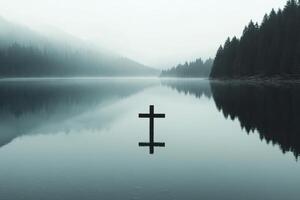 Reflection of a cross in calm water surrounded by mountains during early morning mist photo