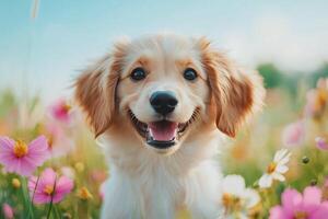 Happy puppy in a field of colorful flowers during a bright sunny day photo