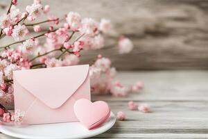 Beautiful arrangement of pink flowers with heart shaped box and envelope for special occasions photo