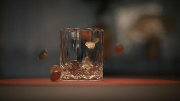 The whiskey is splashing beautifully in a glass resting elegantly on a tables surface video