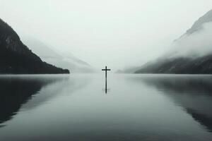 Reflections on calm waters with a cross in the distance at dawn photo