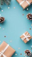 Colorful festive presents arranged on a bright blue background with decorative elements photo