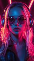 DJ wearing sunglasses with vibrant lights in a club setting during a nightlife event photo