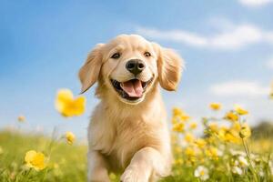 Happy puppy in a field of colorful flowers during a bright sunny day photo