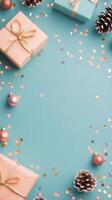 Colorful festive presents arranged on a bright blue background with decorative elements photo