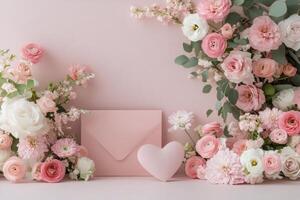 Beautiful arrangement of pink flowers with heart shaped box and envelope for special occasions photo