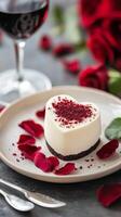 Romantic dessert with heart shaped cake and wine on a table decorated with rose petals photo