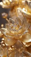 Elegant golden lotus flower adorned with jewels in a decorative setting photo