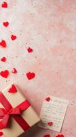 Celebration gift box with red hearts on pink background for special occasions photo