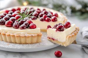 Festive cranberry tart with creamy filling and fresh rosemary decoration ready to serve photo