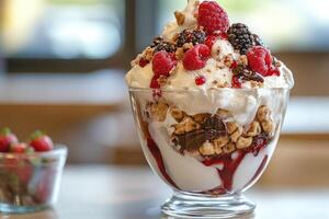 Delicious ice cream sundae drizzled with chocolate syrup and topped with fresh berries and nuts photo