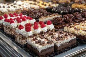 Delicious raspberry topped cakes displayed on tray in bakery window photo