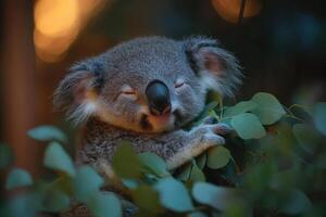 Koala sleeping peacefully in eucalyptus tree branches photo