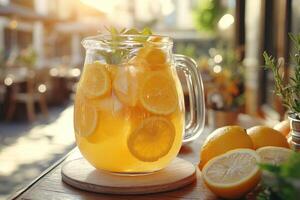 Refreshing homemade lemonade with mint and berries in a glass pitcher on a summer day photo