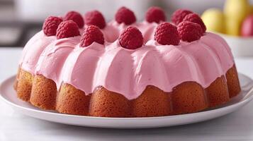 Delicious raspberry bundt cake with pink frosting and fresh raspberries photo