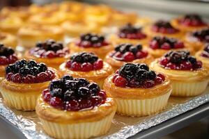 Delicious berry tarts baking in a bakery display case photo