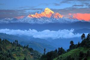 Majestic dhaulagiri mountain glowing during sunset in nepal photo