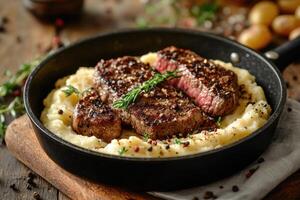 Grilled striploin steaks with mashed potatoes and spices in cast iron pan photo