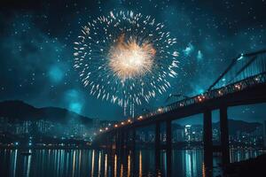 Fireworks exploding over bridge at night illuminating cityscape photo