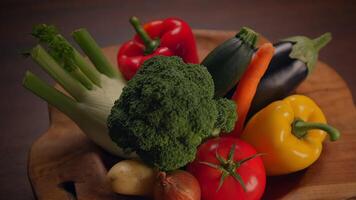 A Fresh and Diverse Assortment of Colorful Vegetables Presented on a Wooden Bowl video