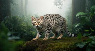 Wild leopard cat in lush green jungle ambience for nature conservation concepts photo