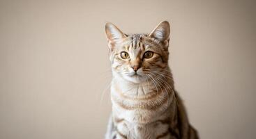 Tabby cat with striking patterns posing against a neutral background for pet enthusiasts photo