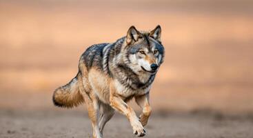 Majestic wolf running in natural habitat during golden hour photo