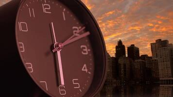 A Dramatic Sunset featuring an Alarm Clock positioned in a Vibrant Urban Setting video