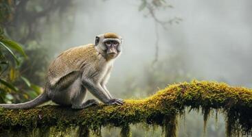 Curious monkey in misty forest jungle scene featuring lush greenery and moss-covered branch photo