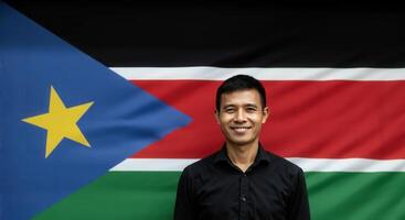 Portrait of smiling man with south sudan flag background for diversity and cultural representation photo