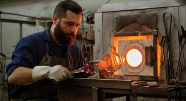 Artisan crafting blown glass sculpture in workshop - traditional glassblowing techniques in action photo