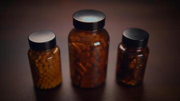 A variety of assorted supplement jars arranged and displayed beautifully on a wooden surface video