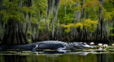 Majestic alligator resting in serene swamp with cypress trees photo