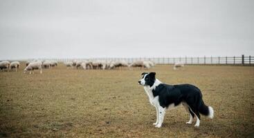 Border collie guarding sheep in spacious pasture under overcast sky photo