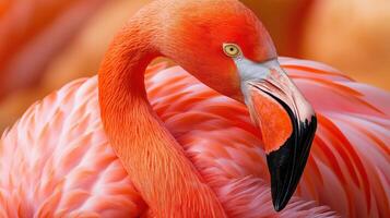 Elegant flamingo in relaxed pose on soft peach background, perfect for tropical design photo