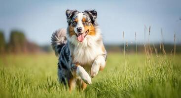 Energetic australian shepherd enjoying a run in scenic green field photo