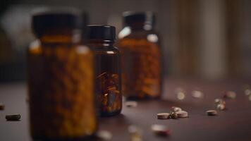 A Variety of Vitamins and Dietary Supplements Displayed on a Wooden Surface for Overview video