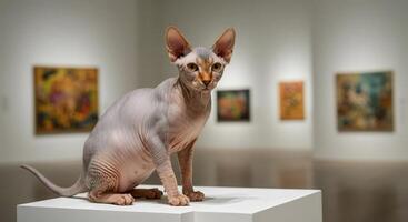 Sphynx cat in modern art gallery setting with abstract paintings photo