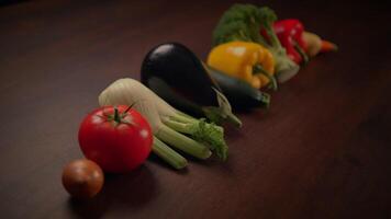 A Beautiful and Colorful Arrangement of Fresh Vegetables Displayed on a Rustic Wooden Table video