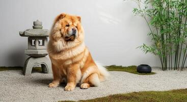 Fluffy chow chow in serene zen garden featuring bamboo and stone lantern photo