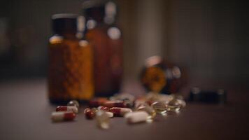 A Wide Variety of Medicine and Nutritional Supplements Displayed on a Table Surface video