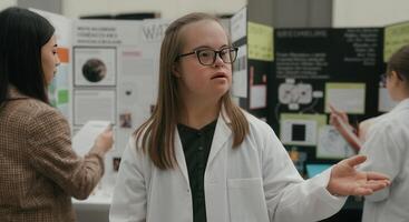Diversity in science education, students in lab coats present research projects in classroom setting photo