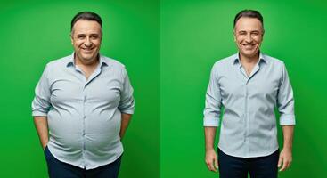 Transformation journey concept, fitness and health progress, before and after results on green background photo